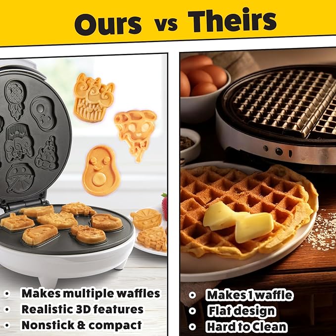 Fun Food Friends Mini Waffle Maker- 7 Different Kawaii Style Design Pan Cakes Feat. Avocado Pizza Ramen Taco & More- Cool Electric Nonstick Waffler Iron, Morning Breakfast w Recipes - Kids Xmas Gift