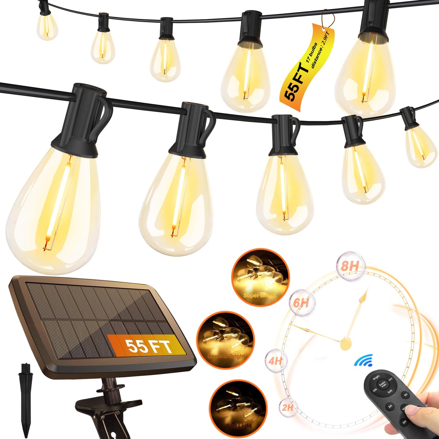 Stright Solar String Lights, 55FT 17 Sockets, Warm White, Remote Control, USB Charging, E12 S14 Bulbs for Outdoor Patio Garden