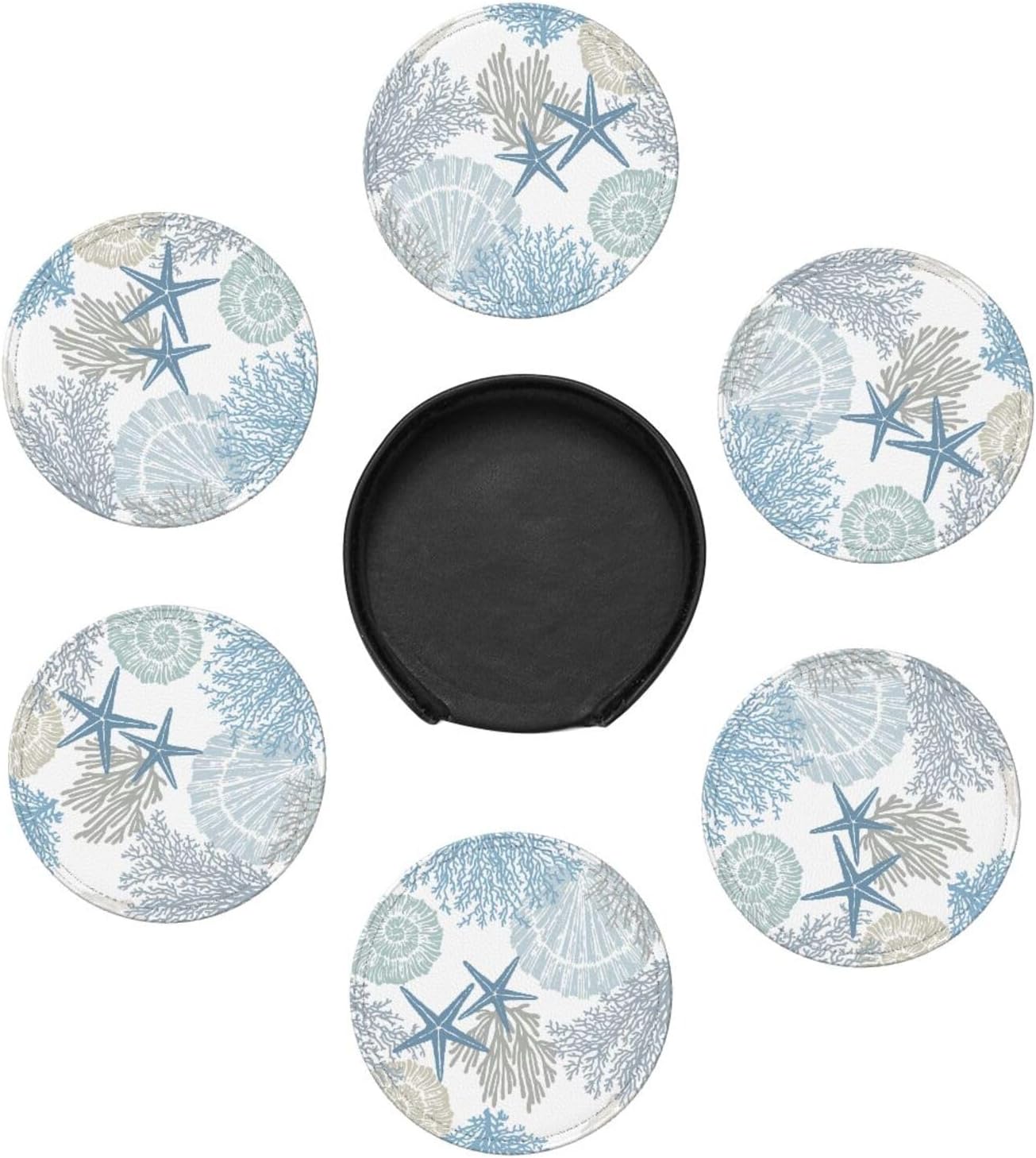 Nautical Sea Shell Star Coral Coastal Coasters for Drinks Round Leather Coaster with Holder Set of 6 for Tabletop Protection Desk Accessories Office Home Room Decor
