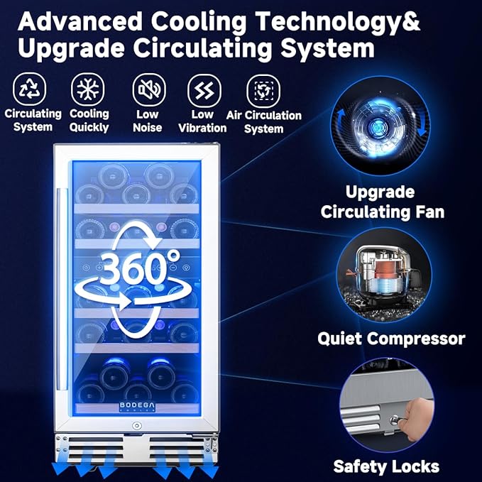 BODEGA 15 Inch Wine Fridge, 30 Bottle Wine Cooler Refrigerator, 41-68°F Wine Refrigerator Glass Door, Soft LED Dual Zone Wine Fridge, Built-in or Freestanding Fridge for Home/Bar/Kitchen (3.2 cu.ft)
