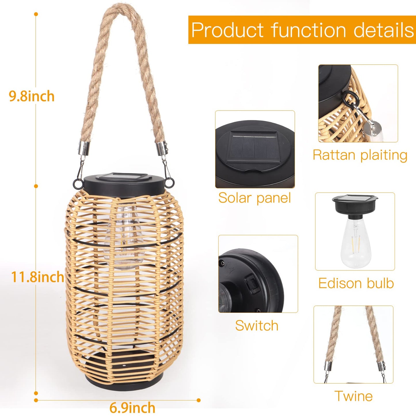 Livinlarge Solar Lantern - Outdoor Hanging Light, Waterproof Rattan with Twine Handle, Bright Edison Bulb, Multicolor, Model 434
