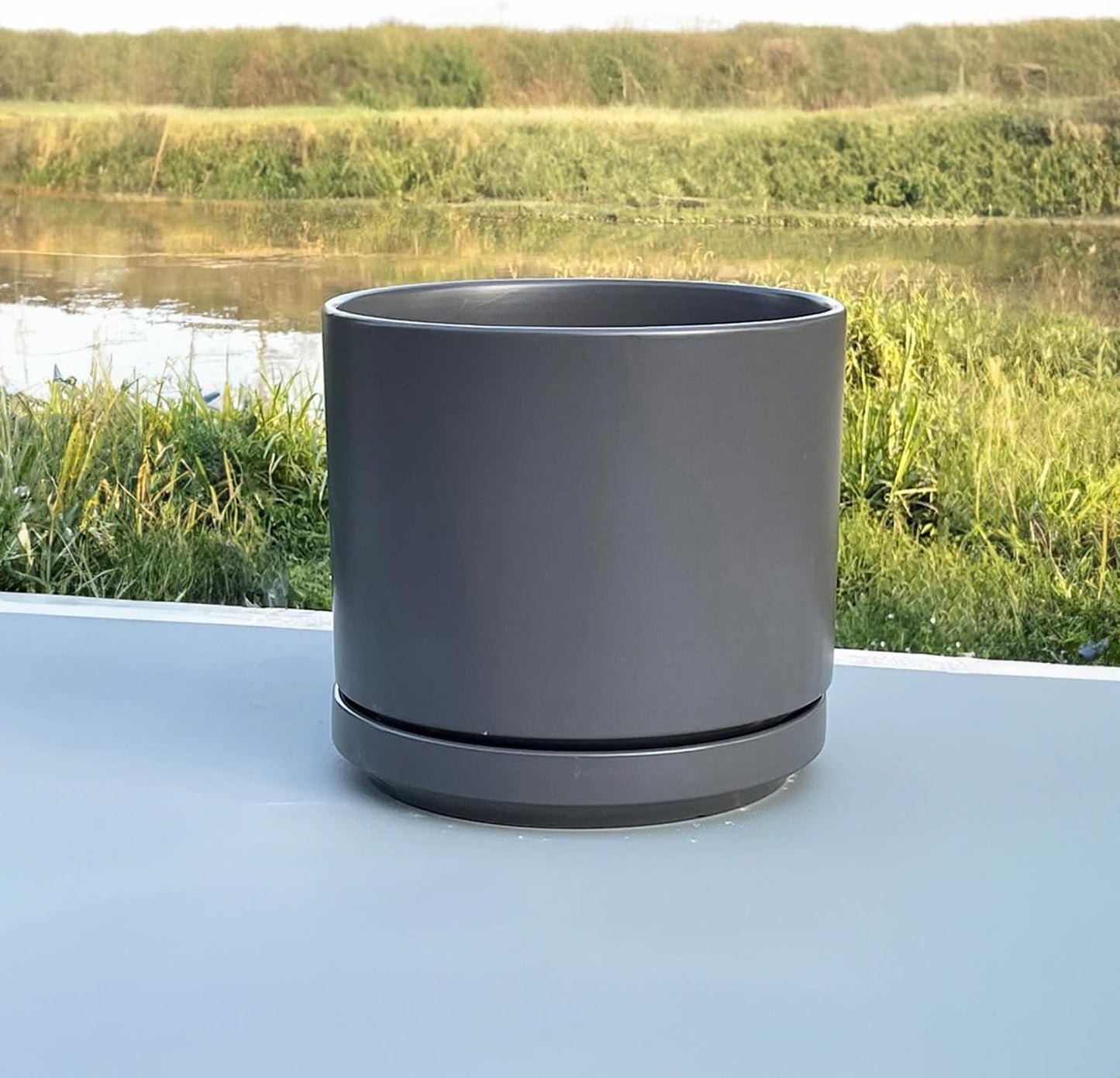 Ceramic Mid Modern Planter Pots with Detached Saucer - Indoor/Outdoor Plant Pots with Drainage Hole