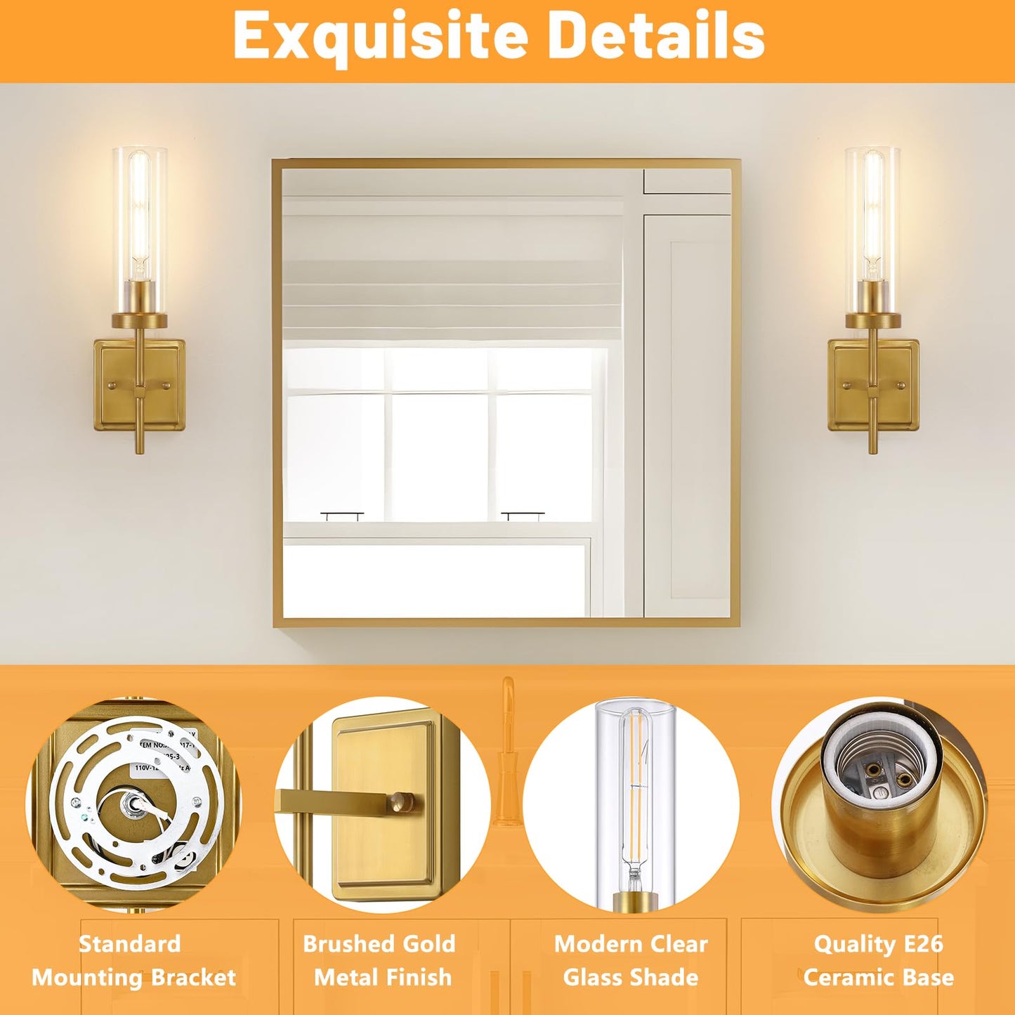 Spiglamm Wall Sconces Lighting Set of 2, Hardwired Bathroom Vanity Fixture, Clear Glass Shade, Gold Finish, Model 2P-DTCGS-Gold
