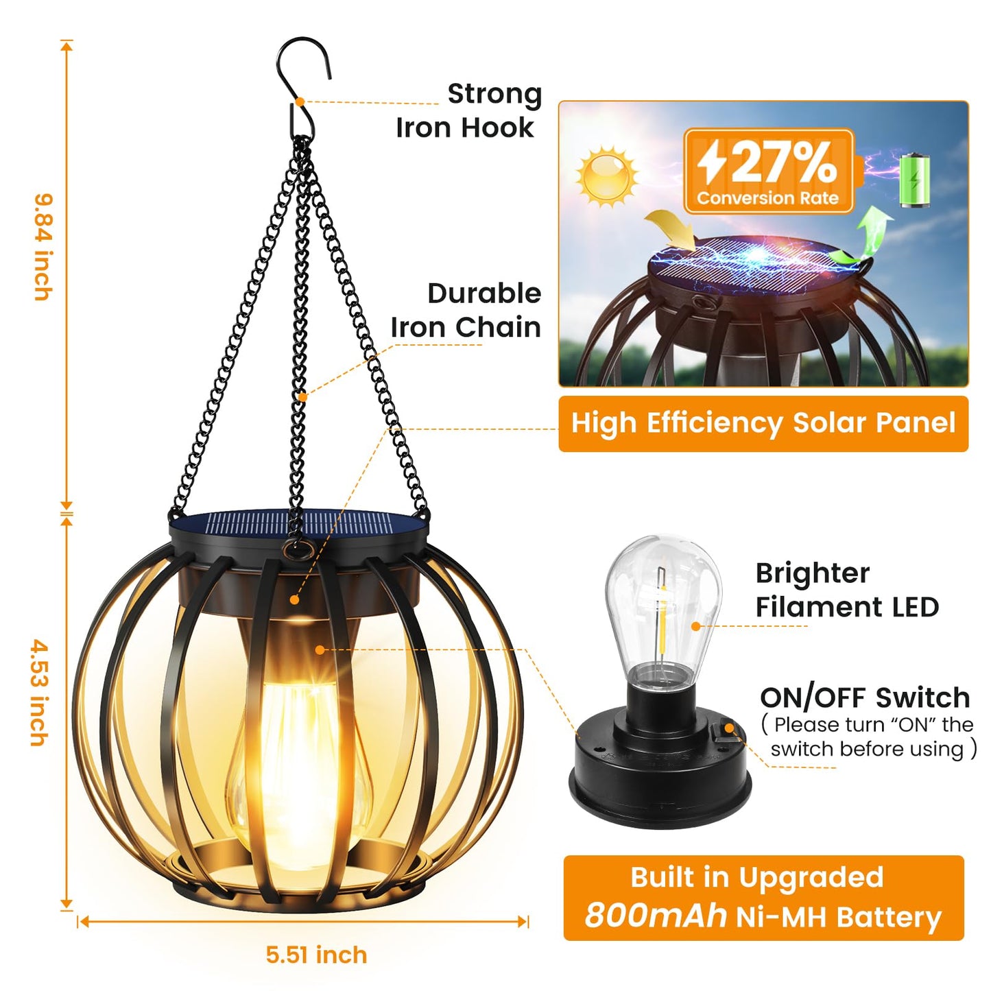 Aounq Solar Lanterns Outdoor Waterproof 2 Pack  14.37 Metal Hanging Solar Lights For Outside With Auto On/Off & Hook - Brighter Hanging Outdoor Lanterns Decorative Lighting For Garden Patio Yard