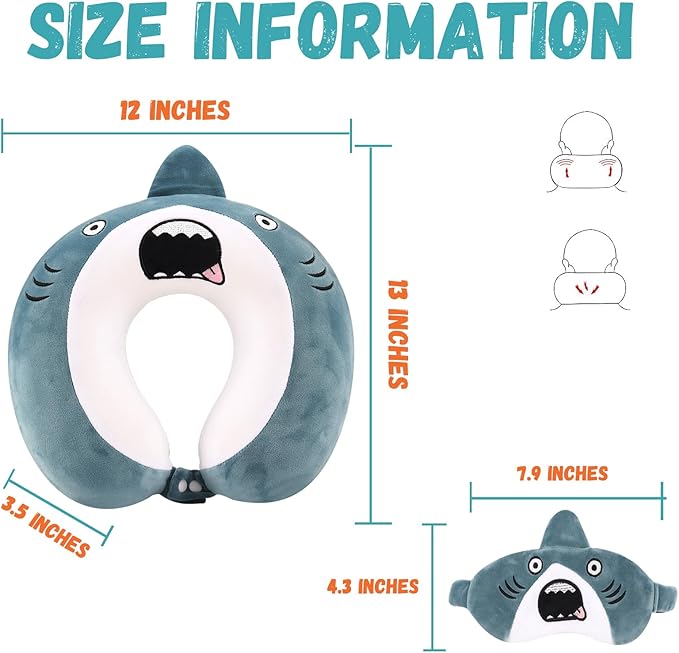 Kids Neck Pillow for Travel with Sleep Eye Mask, Cute Travel Neck Pillow, Memory Foam Cartoon Flight Sleeping Headrest Pillow for Boys & Girls, Airplane, Train, Car, Home Use - BigMouth Shark