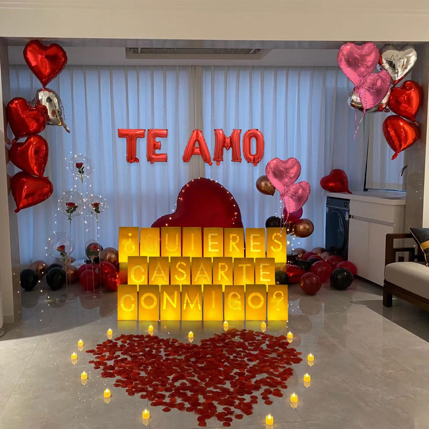 Quieres Casarte Conmigo? Lighted Letters Sign 17Pcs Luminary Paper Bags 2200Pcs Red Pink Artificial Rose Petals 48Pcs Flameless Led Candle Tealight 15Pcs Heart Balloons Romantic Night ValentineS Day