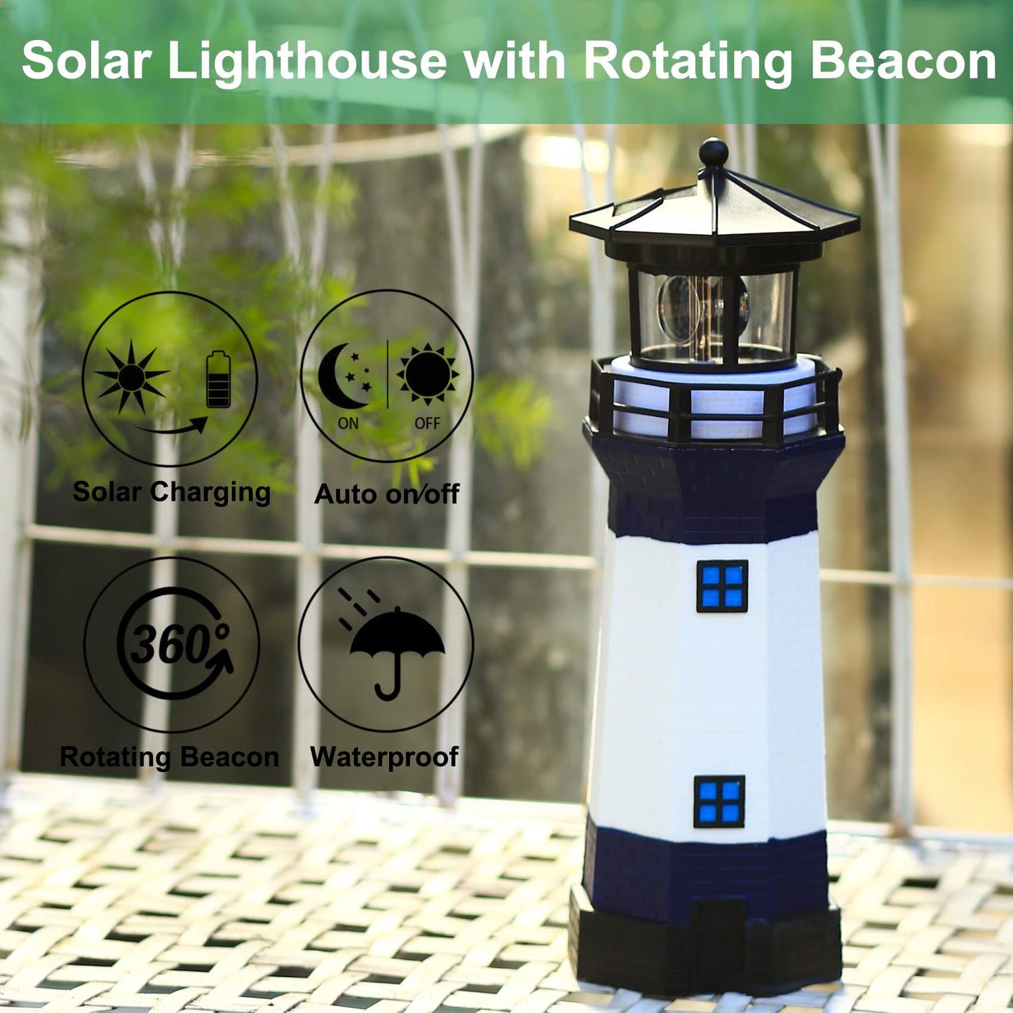 WDLFCGC Solar Powered Lighthouse - 12in Tall, Rotating Beacon, Blue, Model 3131B