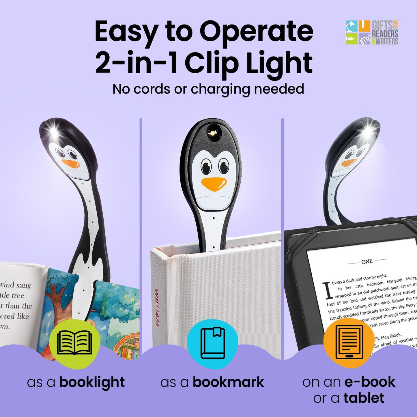 Gifts for Readers & Writers Flexilight Reading Light - 2 in 1 Bookmark LED Clip On Lamp, Battery Operated, Penguin Color