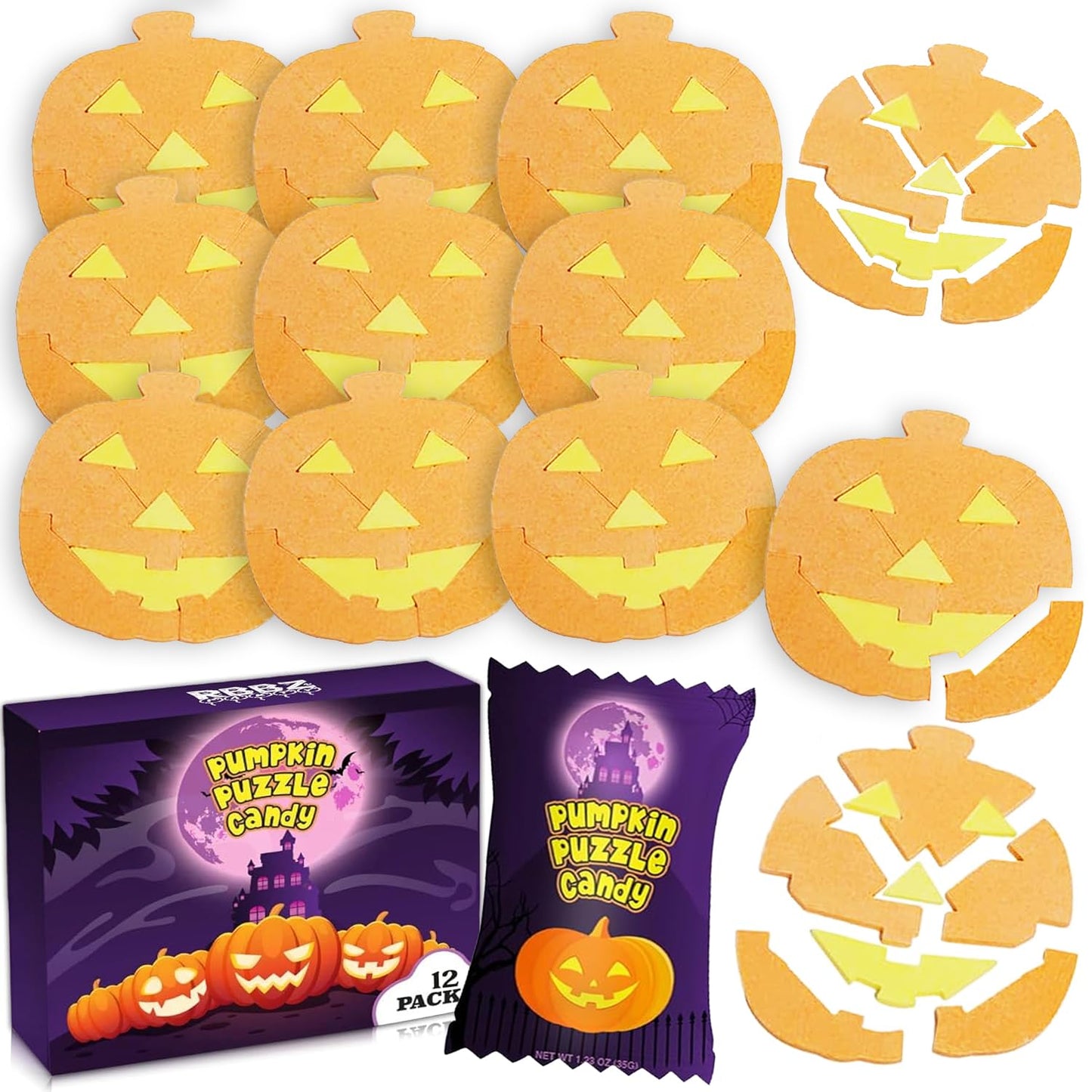 Halloween Pumpkin Puzzle Candy - 12 Pack Individually Wrapped Large 35g - Unique Halloween Themed Candy - Great for Trick or Tre