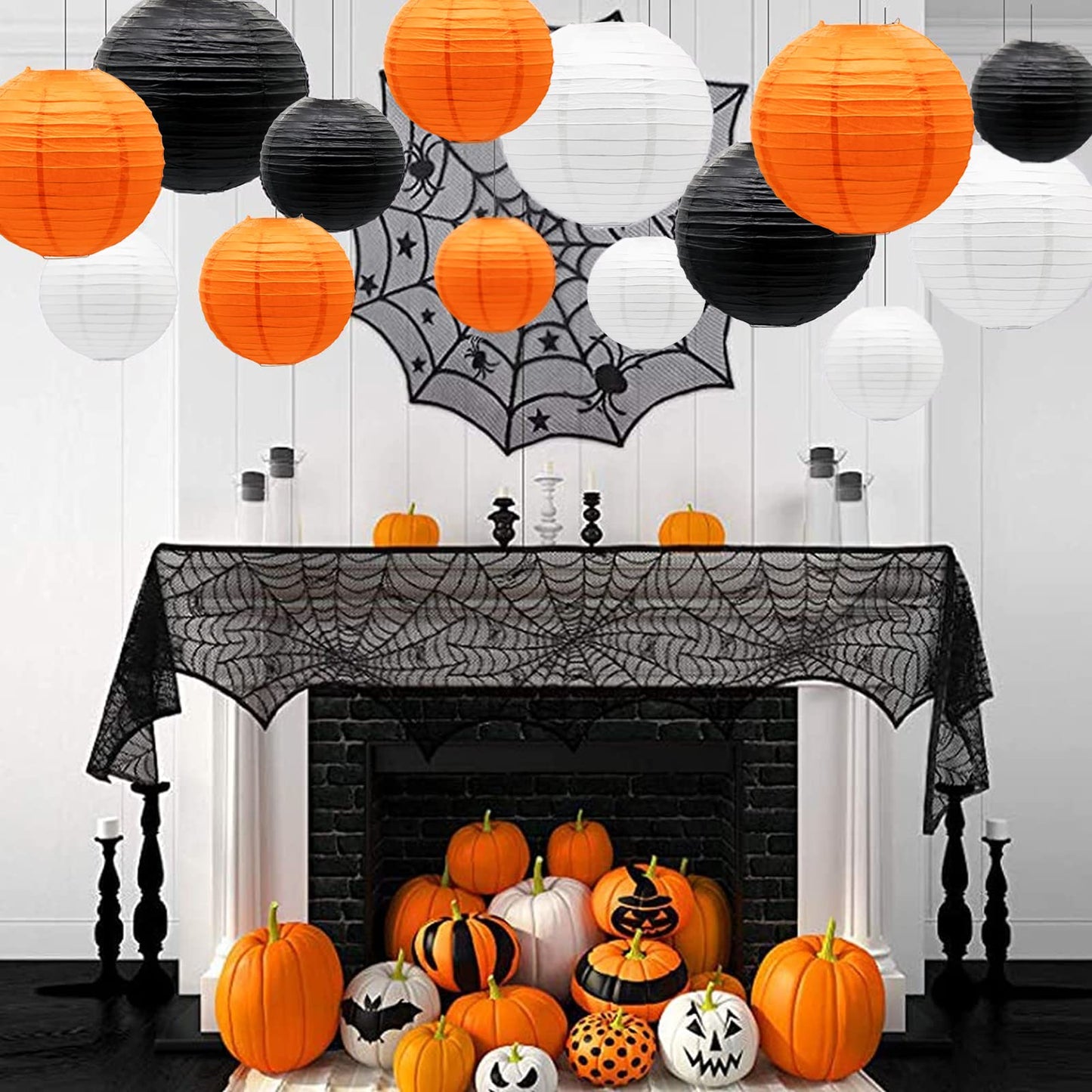 ADLKGG Paper Lanterns 21pcs, Round Hanging Decorations for Graduation, Halloween, Thanksgiving, Birthday, Orange Black White