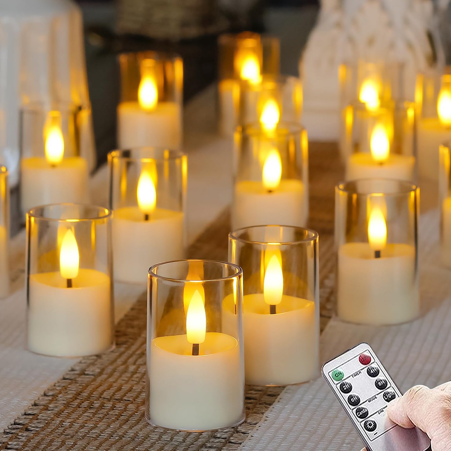Zevanor Flameless Small Tea Light LED Candles, Acrylic Battery Operated Votive 1.7" x2.5" with Remote Control and Timer, Tealight White Flickering Warm Light Pack of 15 Electric Long Lasting