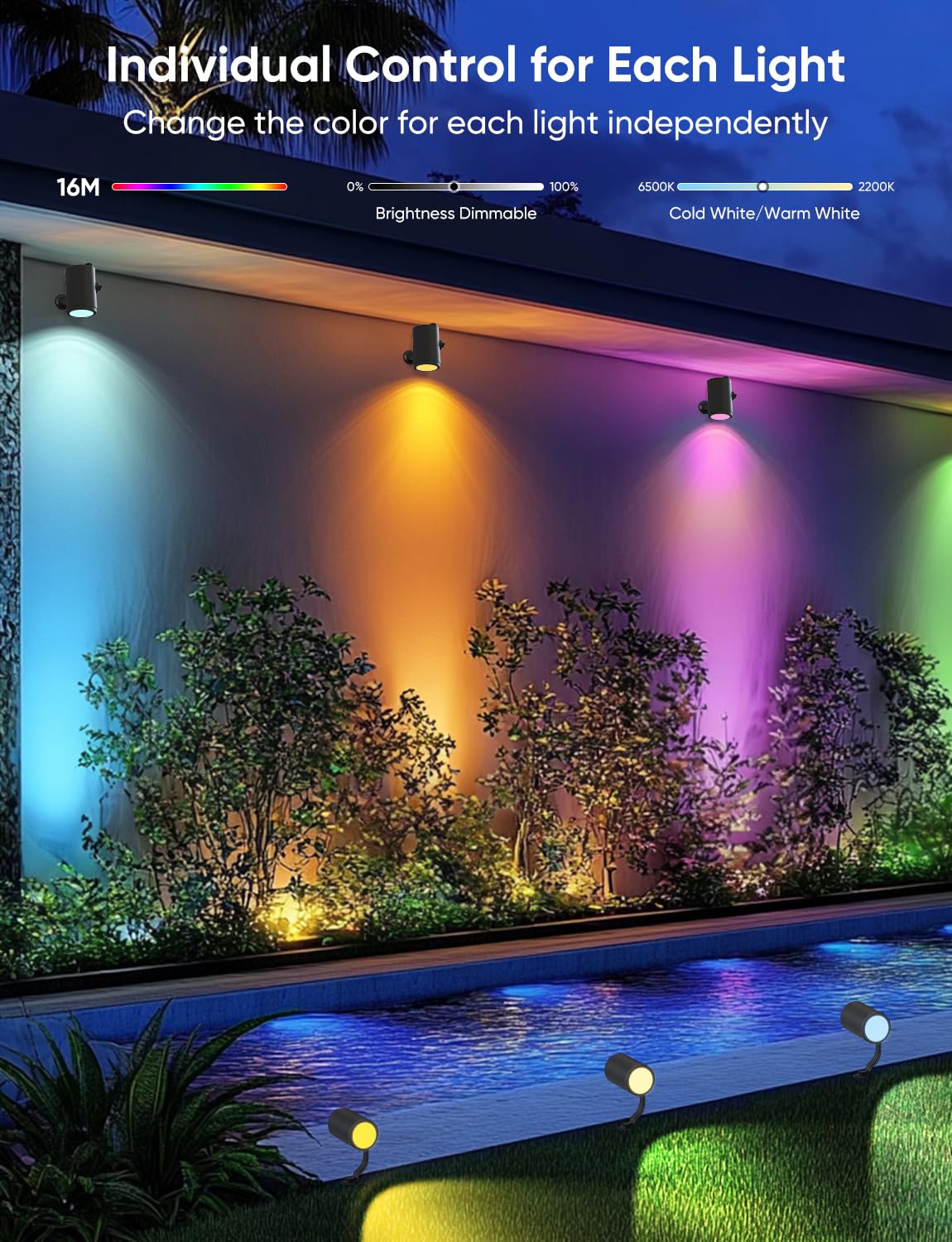 APPECK Smart Outdoor Spot Lights, 24W RGBCW Color Changing, IP65 Waterproof, 4 Pack, Aluminum, Black, Model C6605-C