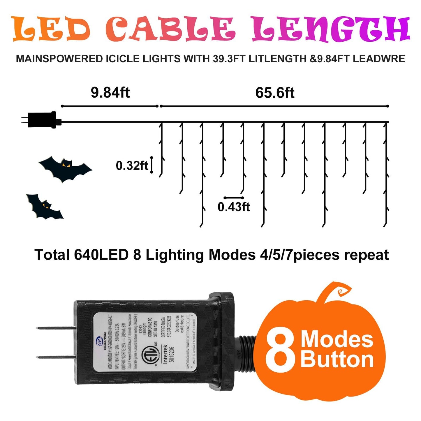 Heceltt Halloween Lights, 640 LED 66FT, Orange and Purple, Clear Wire, 8 Modes, Timer Memory Function, Model BG-CL3M3-306L01