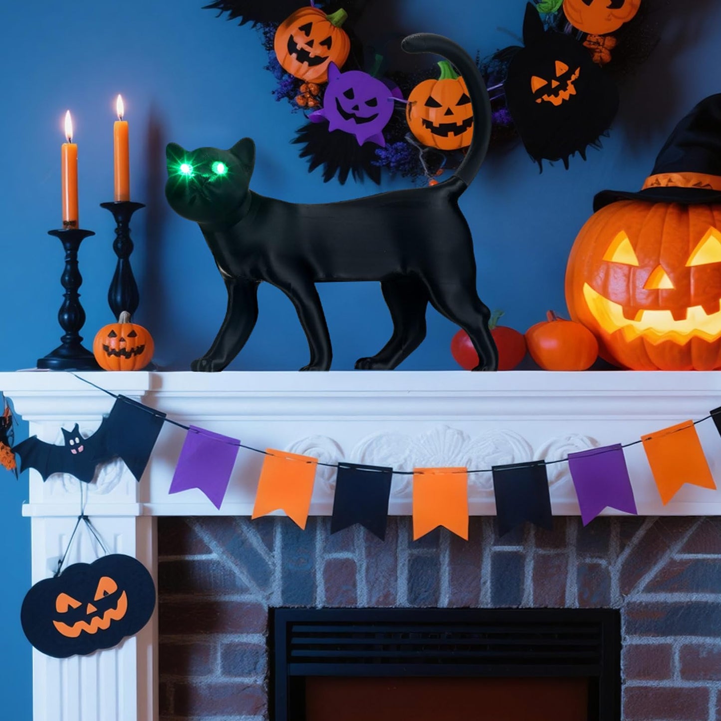 Retisee 2 Pcs Halloween Black Cat Decoration Yard Signs With Green Glowing Eyes 12 Inch Creepy Cat Figurine Animated Light For Indoor Outdoor Halloween Party Decoration Table Centerpieces Spooky Gift