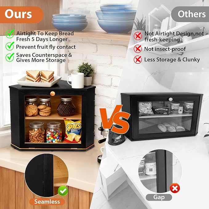 Bamboo Corner Bread Box for Kitchen Countertop, Black Bread Storage Box, Double-Layer Round Wooden Breadbox with Acrylic Transparent Window installed under cabinets, Store Various Foods and Items