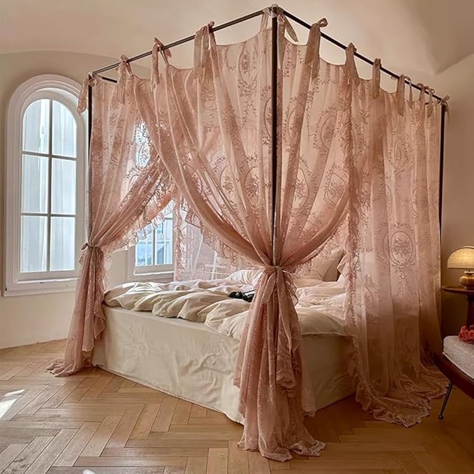 Elegant Lace Princess 4 Corner Post Mosquito Net Romantic for Girls Women Bed Curtain Canopy for Adult Wedding Bedroom Kids Rooms Decoration (Color-B, King)
