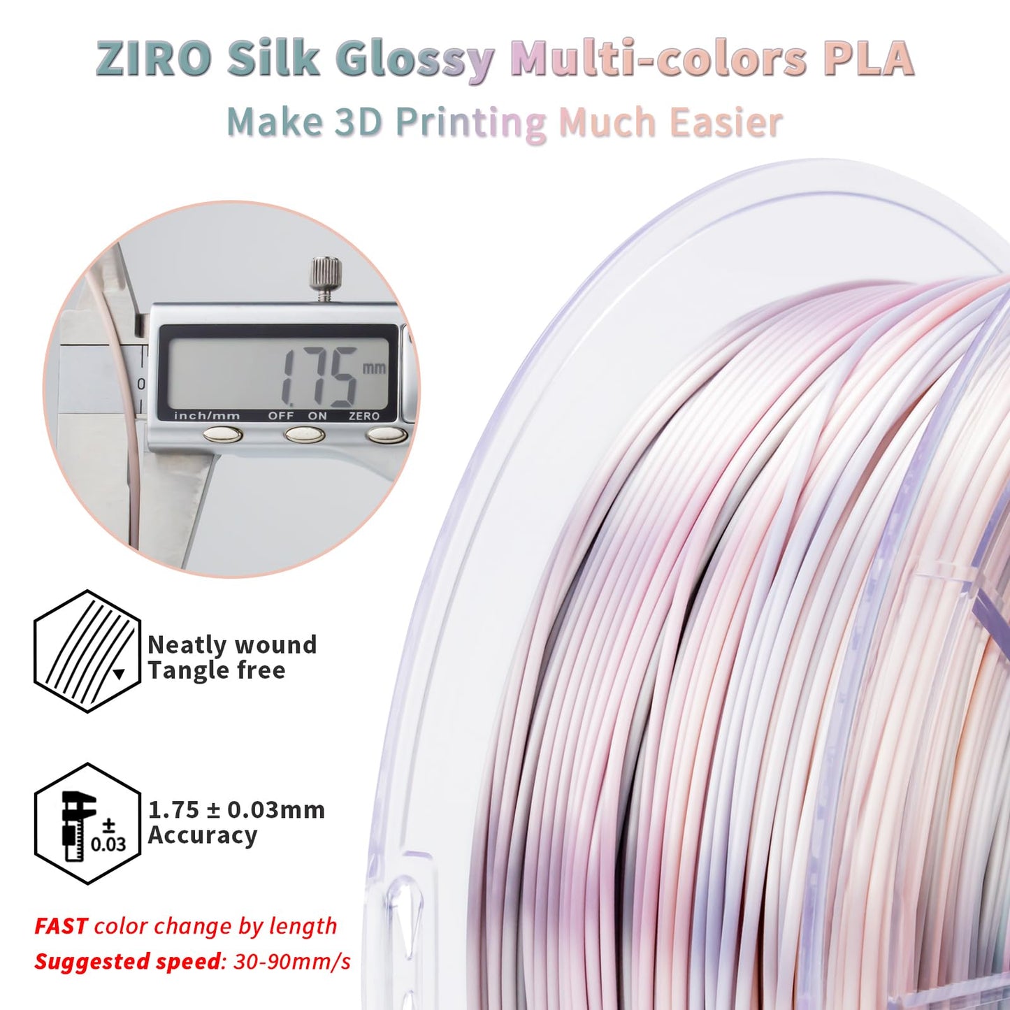 ZIRO 3D Printer Filament, Shiny PLA Fast Gradient Color Change, Glossy Color Change by Length PLA, Fit Most FDM 3D Printers, Dimensional Accuracy +/-0.03mm, 1KG/2.2lb Spool, Earth Tone(Silk)