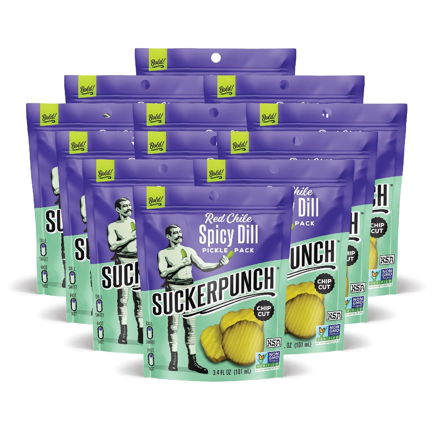 SuckerPunch Red Chile Spicy Dill Pickle Chips  Hot  Spicy Gluten Free Pickles  Sugar Free  Low Calorie  Kosher  Fresh Pickle Chips  Non GMO  Keto Friendly  Vegan  3.4 FL Oz  Snack Pouches (12 Pack)