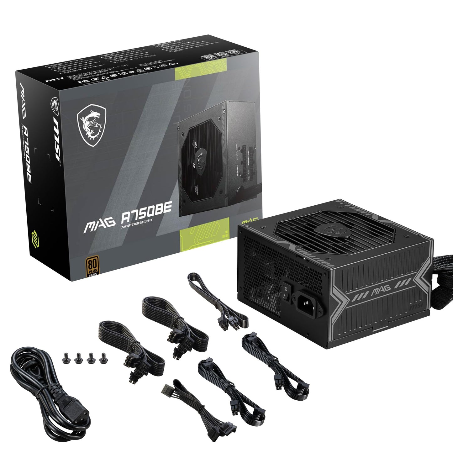 Msi Mag A750Be, Semi-Modular Compact 750W Atx Power Supply, 80+ Bronze, Low-Noise Fan, Active Pfc Design, 5 Year Warranty
