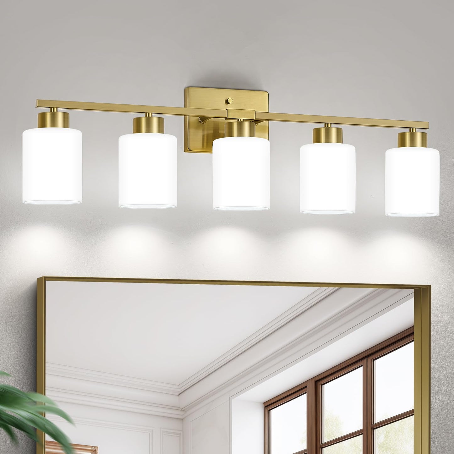 FonmYim 5-Light Bathroom Light Fixture, Brushed Gold Metal Vanity Light with Frosted Glass Shades, Model FY-GB3105-BG5