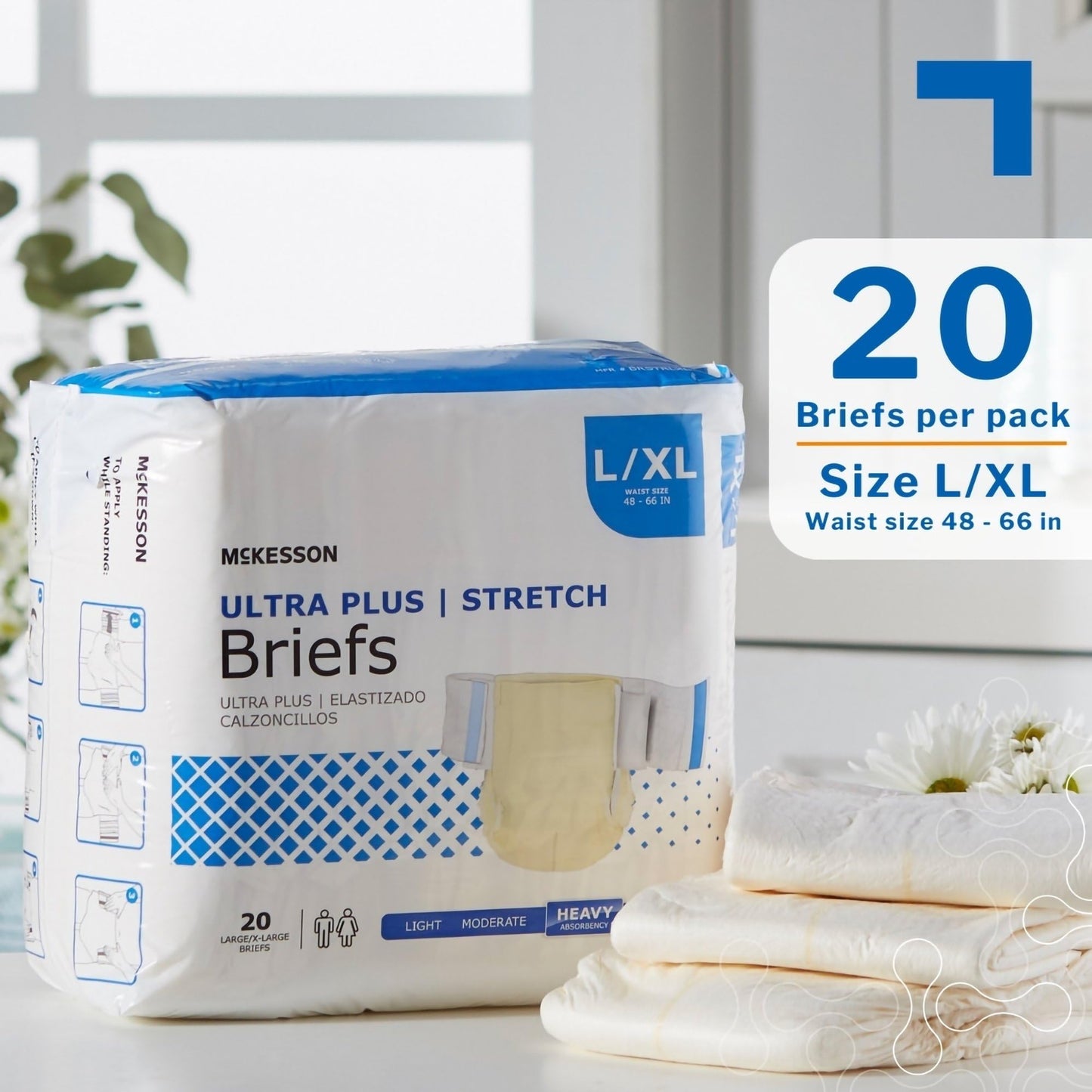 McKesson Ultra Plus Stretch Briefs, [80 Count], L/XL, 48-66 in. Incontinence Adult Diapers, Heavy Absorbency, Unisex, Disposable, Elastic Leg Gathers and Contoured Fit for Men and Women