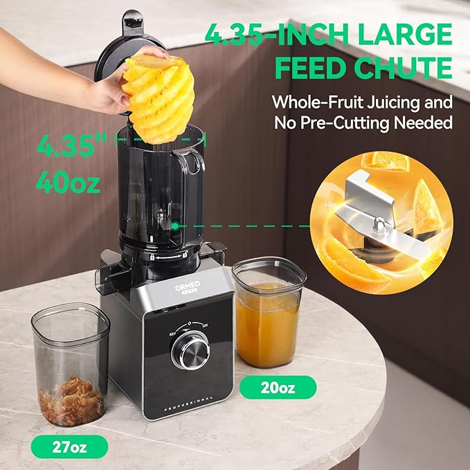 Cold Press Juicer, ORMEO HOME Juicer Machines with 4.35"Large Feed Chute Fit Whole Vegetables & Fruits, Masticating Juicer with Pulp Seperation, 99.6% Juice Purity, Quiet Motor, Easy to Clean,BPA Free