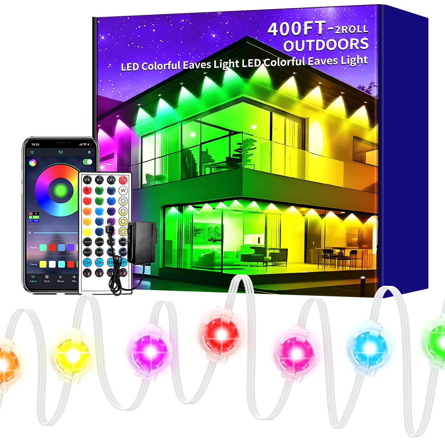 Yocrostar 400Ft Permanent Outdoor Lights Rgb Eaves Lights Diy Scene Modes Ip67 Waterproof Outside Under Eave Lighting Smart Christmas Light For Outdoor Decor Garden Decor House Party(Two 200Ft Rolls)