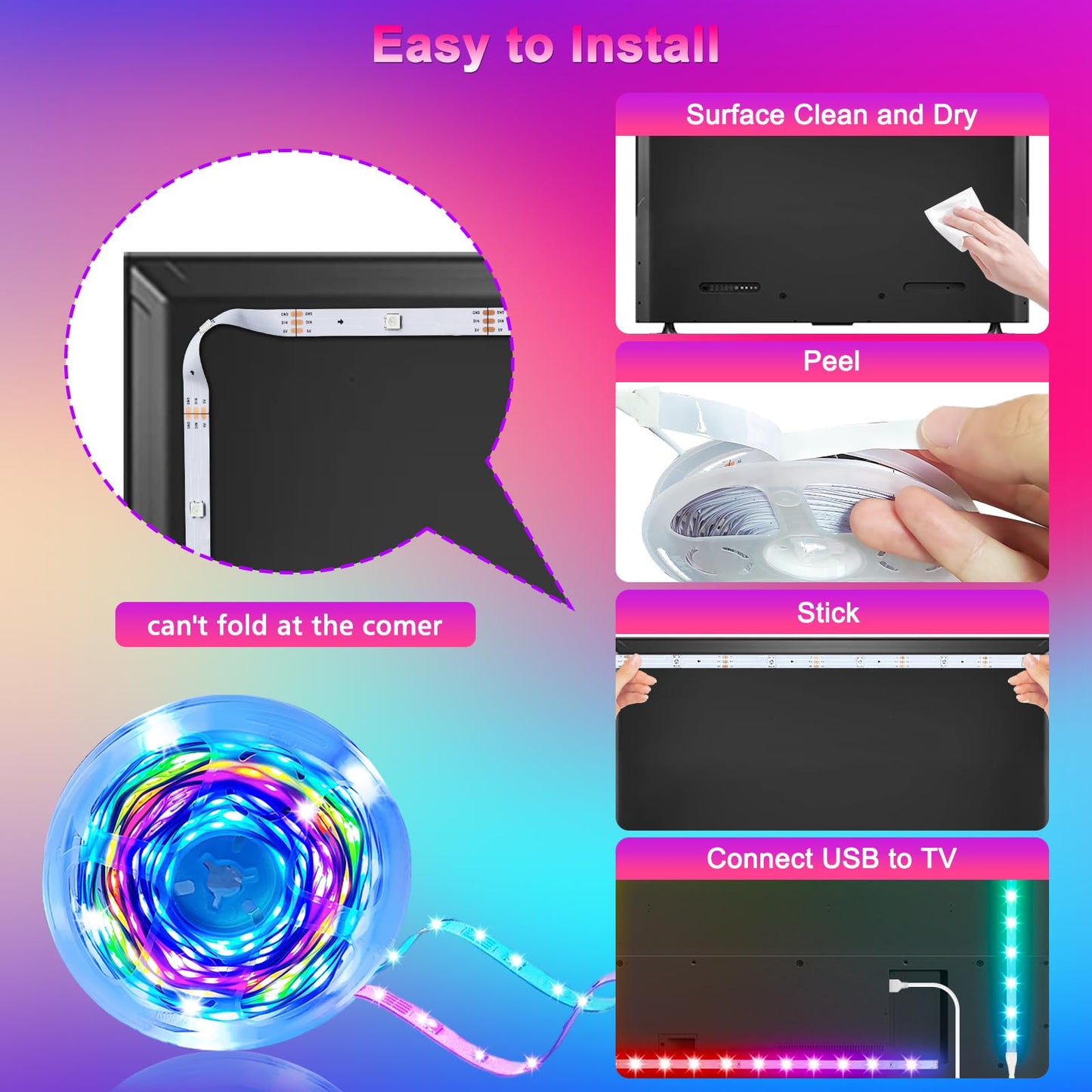 Daymeet Led Tv Backlight - 13.1Ft Rgb Strip Lights For 45-60In Tvs, Music Sync, Bluetooth Control, Dream Colored, Model Xr-Ca-Hcx4M
