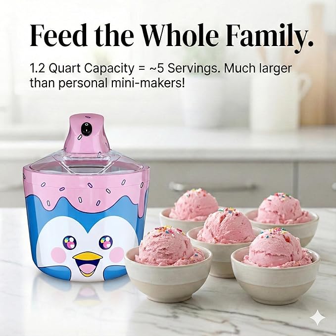 1.2 Quart Penguin Electric Ice Cream Maker Machine for Kids – Best Countertop Ice Cream Machine for Homemade Soft Serve, Sorbet, Gelato, Frozen Yogurt – Fun & Easy Desserts for Families, easy to Clean