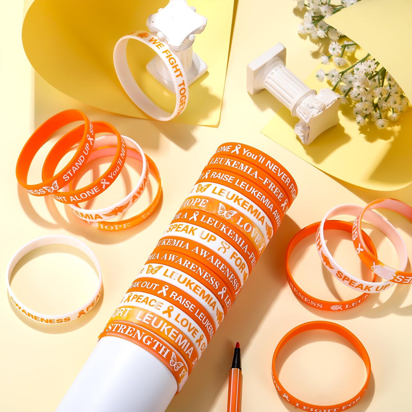 PullCrease 100 Pcs Leukemia Awareness Wristbands Bulk 10 Styles Orange Ribbon Silicone Bracelets Leukemia Awareness Wristbands w