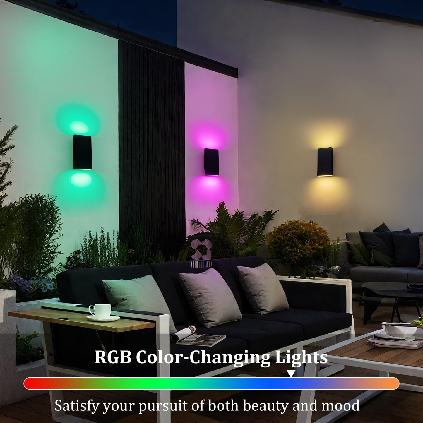 Zicbol Outdoor Wall Light, 10in RGB Color Changing Sconce, Remote/App Control, Black, Metal, Model HY058