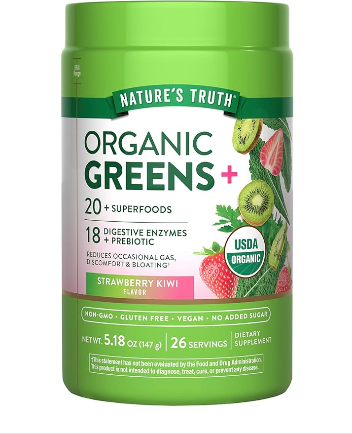 Nature's Truth Organic Greens Powder | 20 Plus Superfoods | 5.18 Oz | Digestive Enzymes & Prebiotic Blend | Strawberry Kiwi Flavor | Vegan, Non-GMO & Gluten Free Supplement