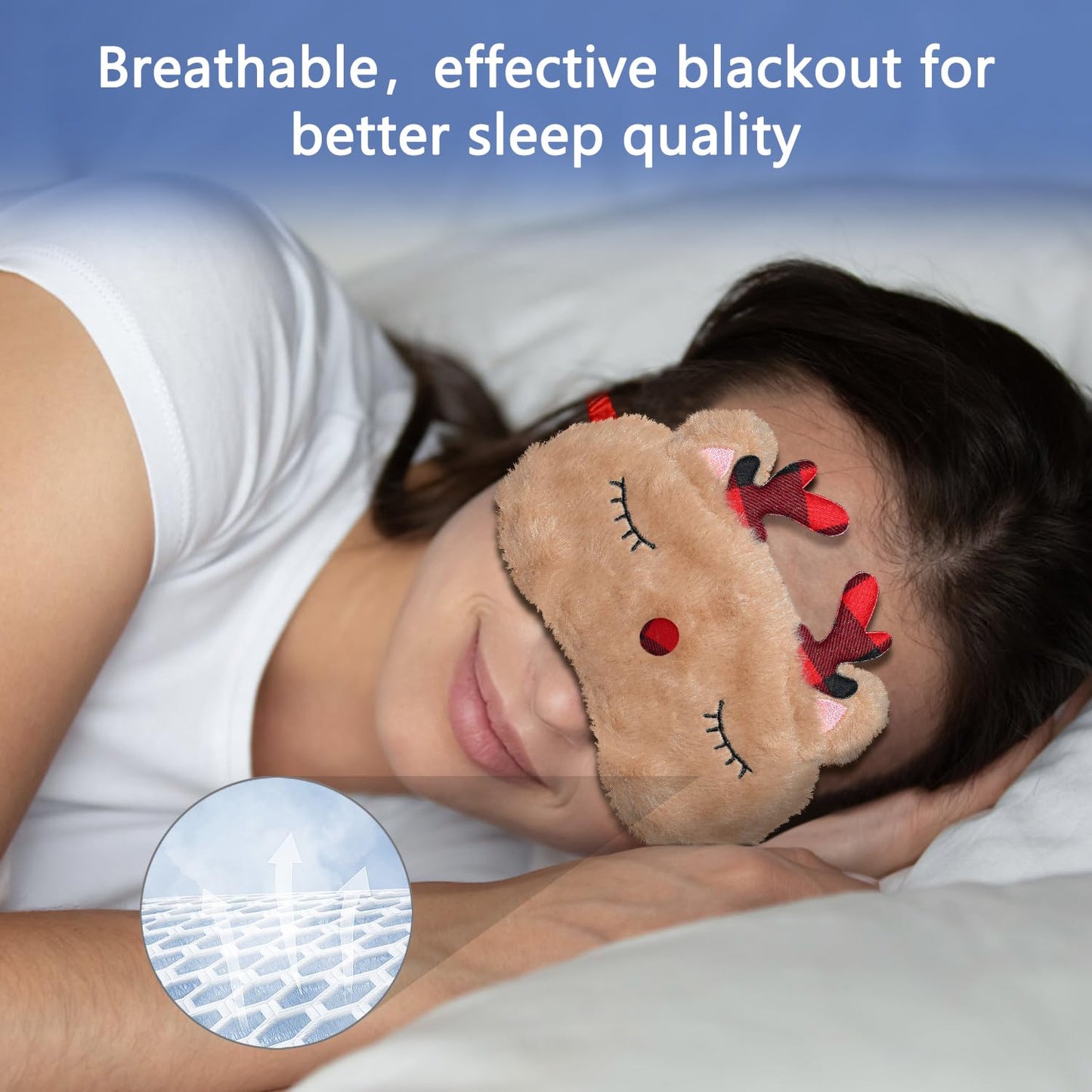 VHOPMORE Cute Animal Sleeping Mask Sleep Mask, Xmas Reindeer Soft Plush Eye Mask for Travel Nap Funny Rudolph Blindfold Eye Cover Eyeshade for Adult Kids Girls Teens Men Women - Reindeer, Red & Brown