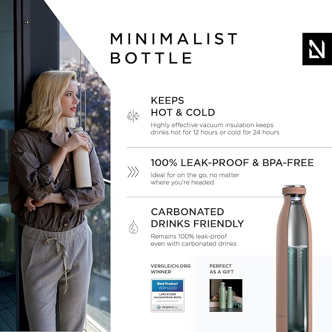 LARS NYSØM Stainless Steel Insulated Water Bottle 12oz 17oz 25oz 34oz 51oz | BPA-free Insulated Thermo Flask for Hot and Cold Beverages | Leakproof Drinking Bottle (Café au Lait, 25oz)