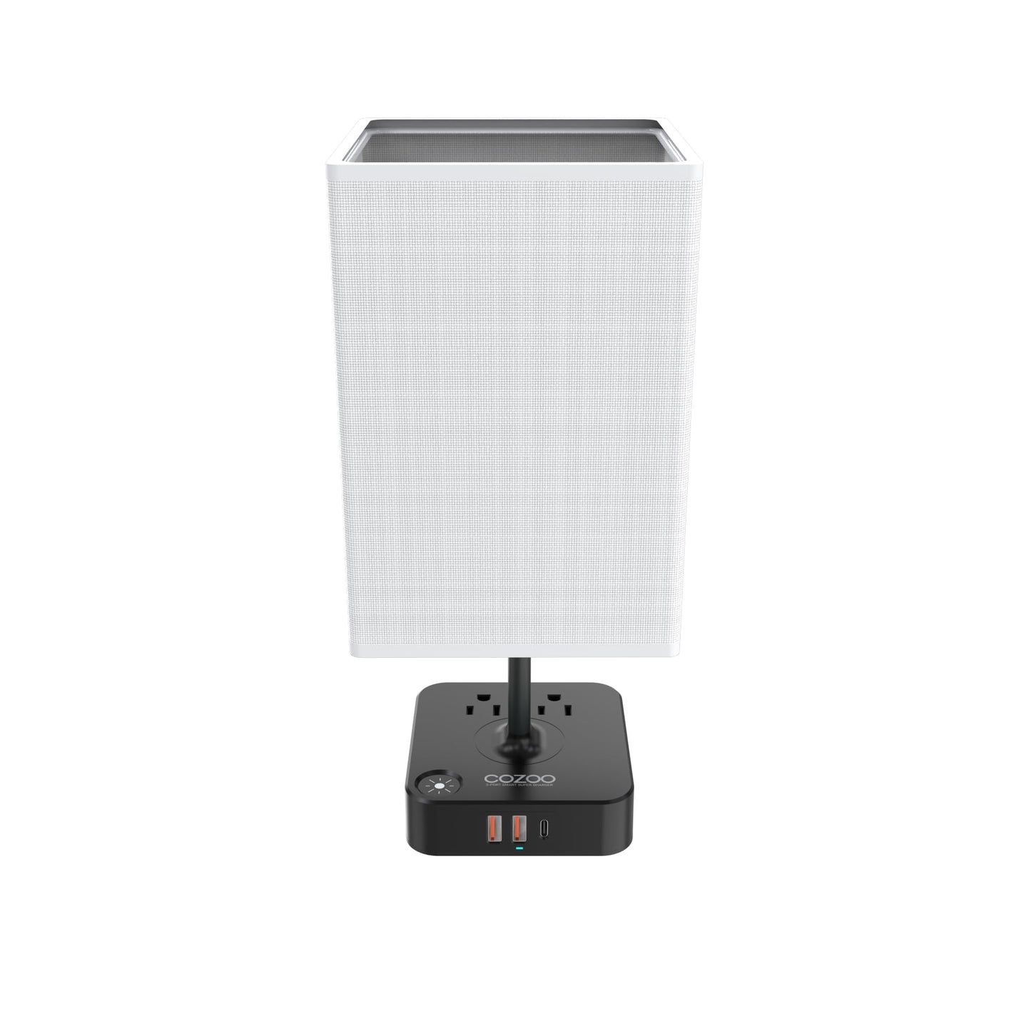 Cozoo Usb Bedside Table & Desk Lamp, 3 Usb Ports, 2 Outlets, Large White Fabric Shade, Model Mc003