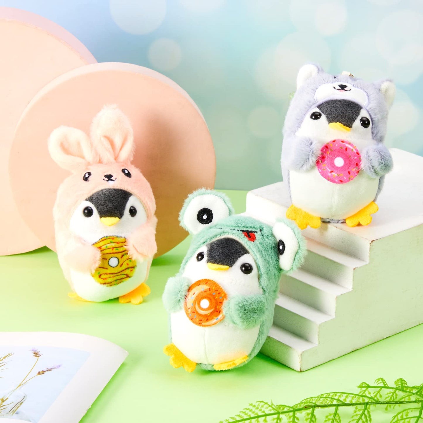 Kigeli 3 Pcs Cute Stuffed Penguin Keychain Plush Keychain Stuffed Animals Frog Bunny Dog costume Lovely Animal Pendant for Birthday Gift Backpack Car Key Decoration, 3 x 5.5 Inch
