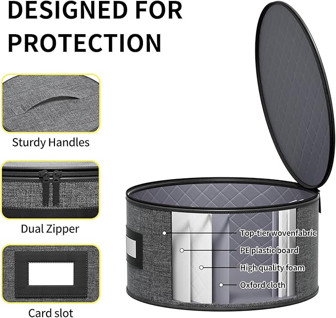 Aokeyee China Storage Containers- 6 Piece Set Hard Shell Moving Box for Dishes, Plate, Mugs, Cups, Silverware, Flatware, Saucers, Dinnerware, Sturdy Quilted Organizer with Soft Dividers, Handles, Grey