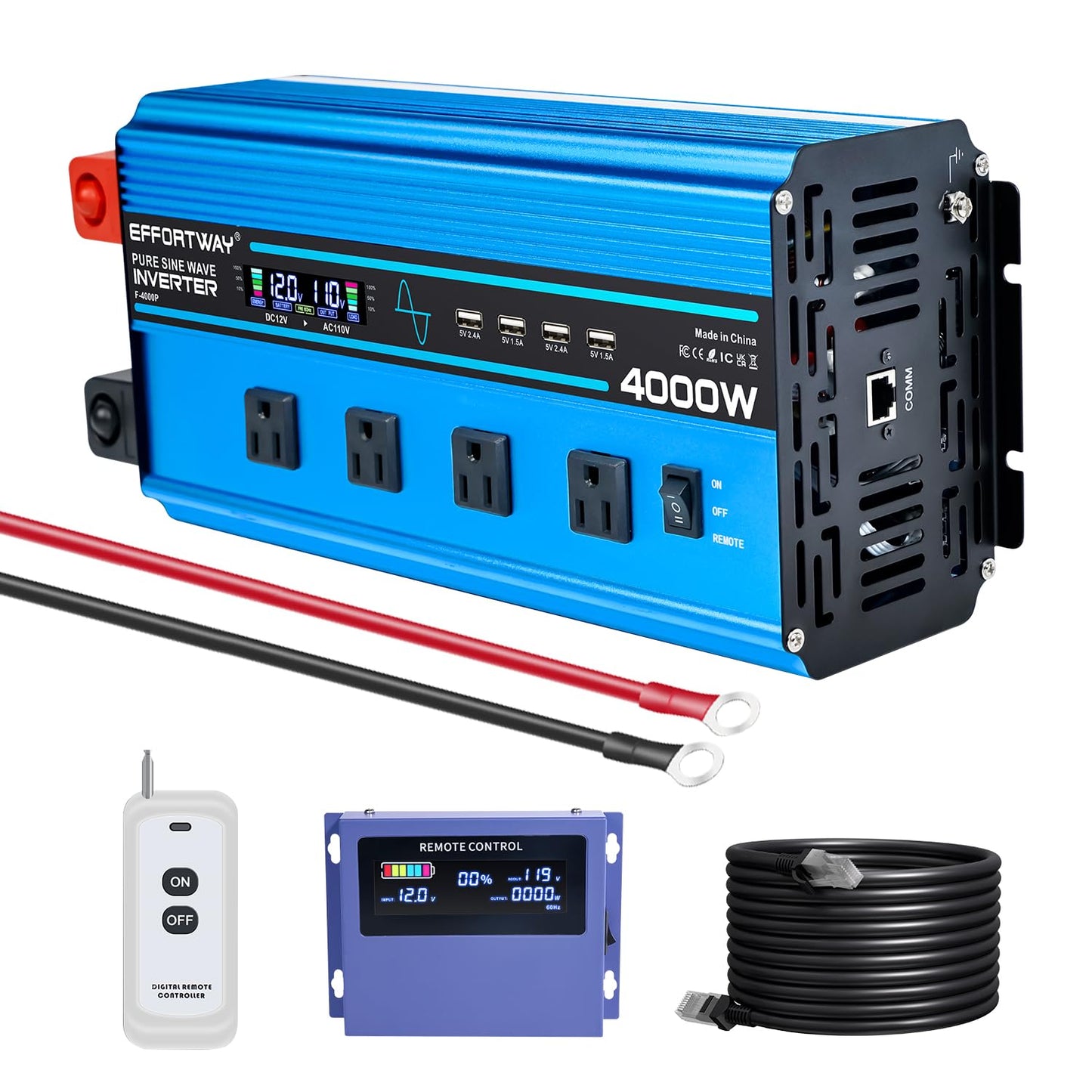 4000W Pure Sine Wave Inverter Dc 12V To Ac 110V/120V Converter, 8000W (Peak) With Lcd Display, Wireless/Wired Remote Control, 4A