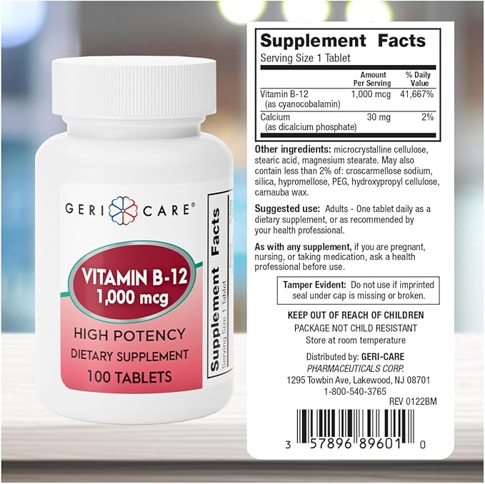 GeriCare Vitamin B-12 1000mcg High Potency Tablets, Premium Dietary Supplement for Boosting Energy, Supporting Brain Health, and Maintaining a Healthy Nervous System 100 Count (Pack of 1)