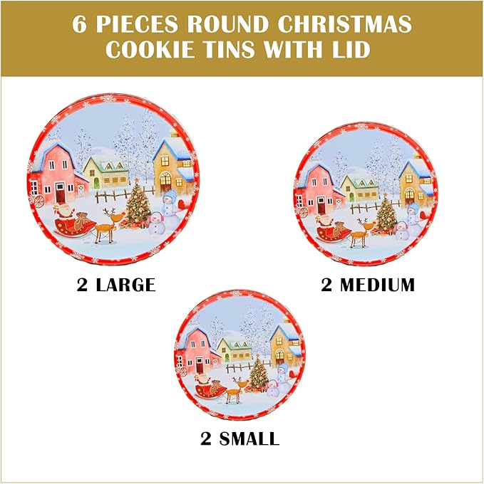 Pack of 6 Christmas Cookie Tins With Lids, Festive Holiday Cookie Tins for Treats & Gifts, Multipurpose Storage Container for Cookies, Snacks & More With Multicolor Christmas Wonderland Design