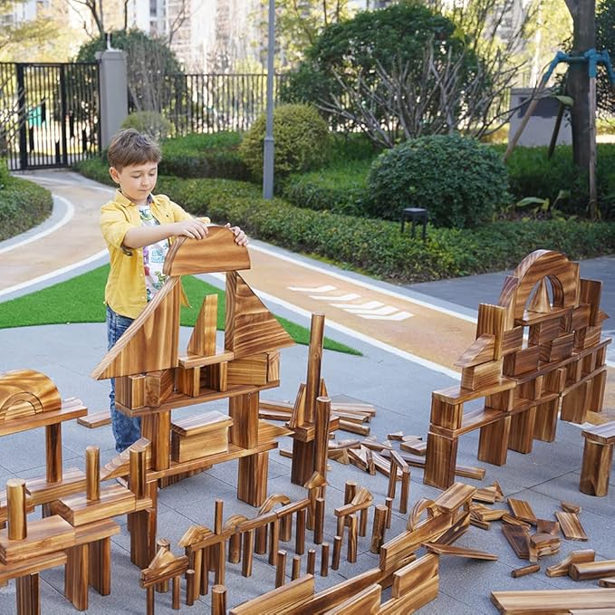 Large Vintage Solid Carbonized Wooden Building Blocks Set for Kids 3-12 Outdoor(57pcs,10.7 lbs), Big Sensory Wood Building Toys for Toddlers, Outside Wooden Blocks for Preschool