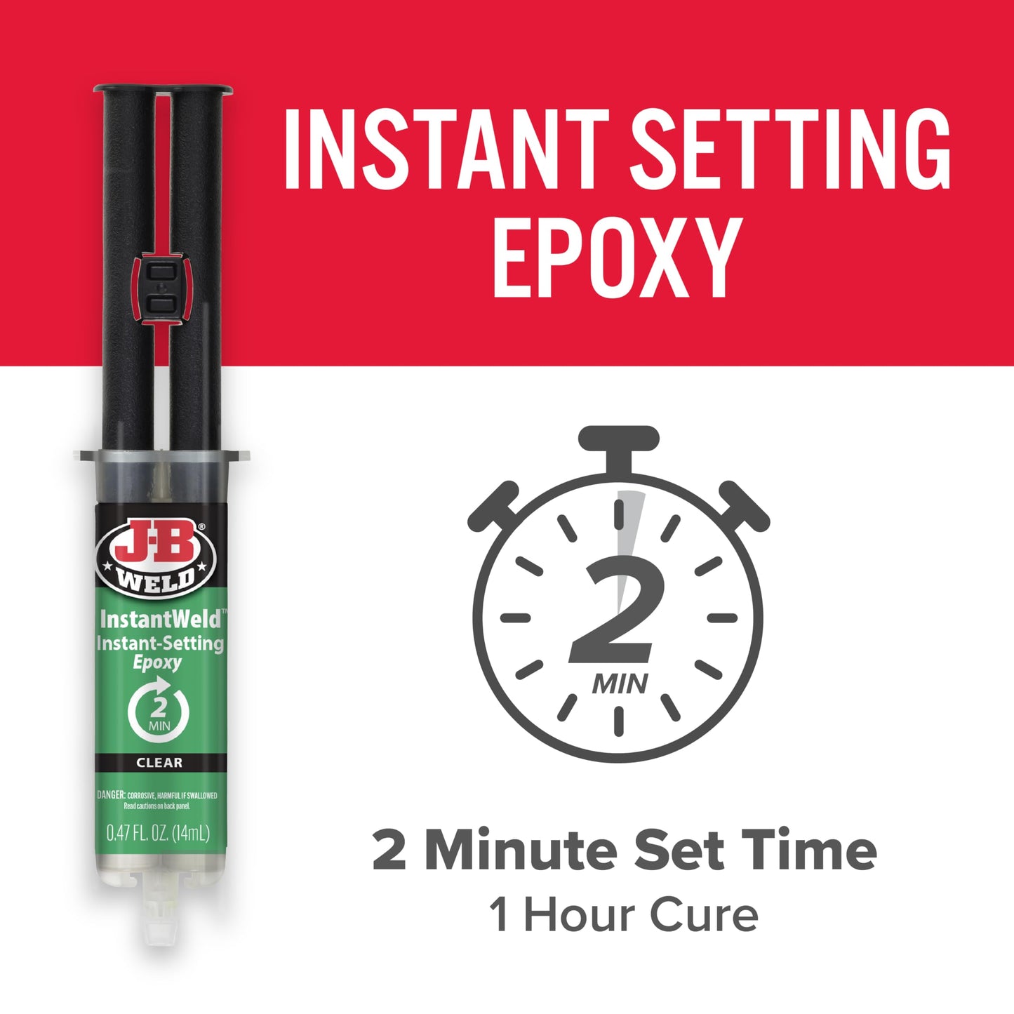 J-B Weld InstantWeld 2 Pack - Clear, 2 Minute Set Epoxy Adhesive, Static Mixer No Mess Application - 14ml