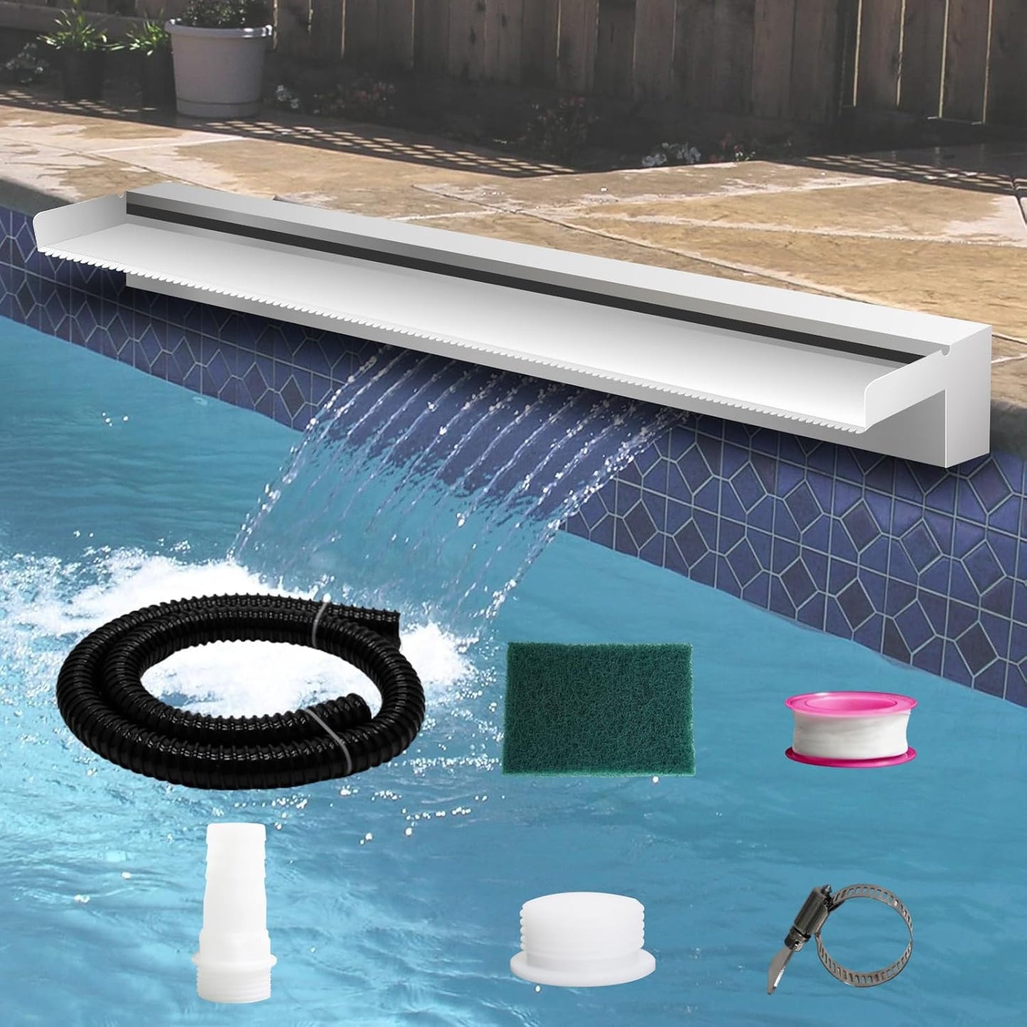 Pool Fountain Stainless Steel Pond Waterfall Spillway Kits for Indoor/Outdoor Decorative, 36 Inches Pool Water Feature for Garden Patio, Backyard Koi Pond Decor(No LED Light)