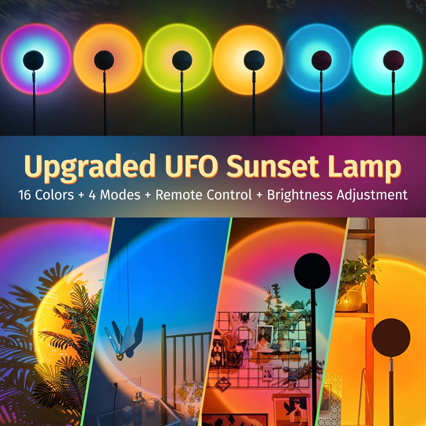 Exnemav Sunset Lamp - Ufo Shape Projection Light With Remote, 16 Colors, Usb Charging, Black