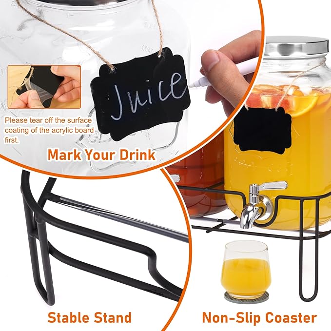 Moretoes Glass Drinks Dispenser for Parties, 2 PACK 1 Gallon Beverage Dispenser with Stand for Juice and Iced Tea, Water Jug Dispenser for Lemonade, Party Essential Beverage Pitcher with Spout
