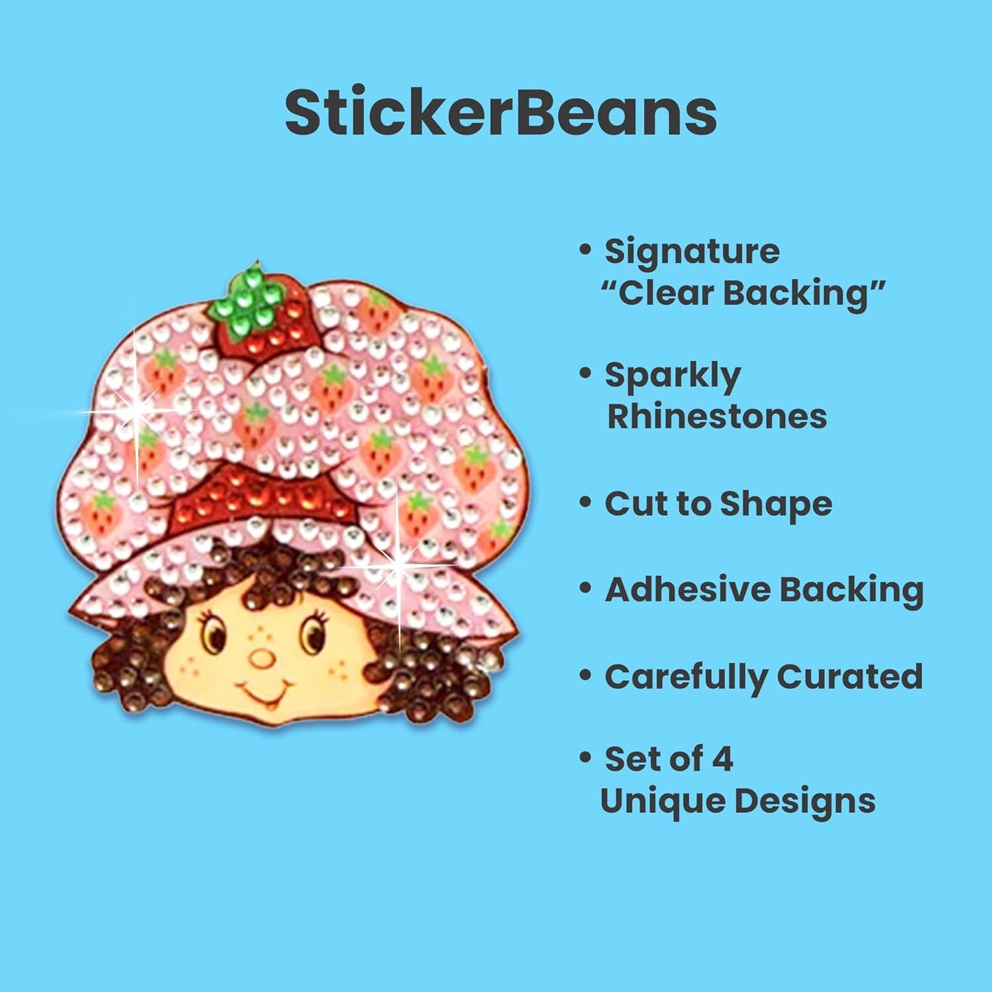 StickerBeans® Rhinestone Stickers BOY Meets Girl® x Strawberry Shortcake® 4-Pack, 2” x 2” Sparkly Cut-to-Shape Adhesive for Collecting, Trading, Scrapbooking, Laptops, Phone Cases for Kids & Teens