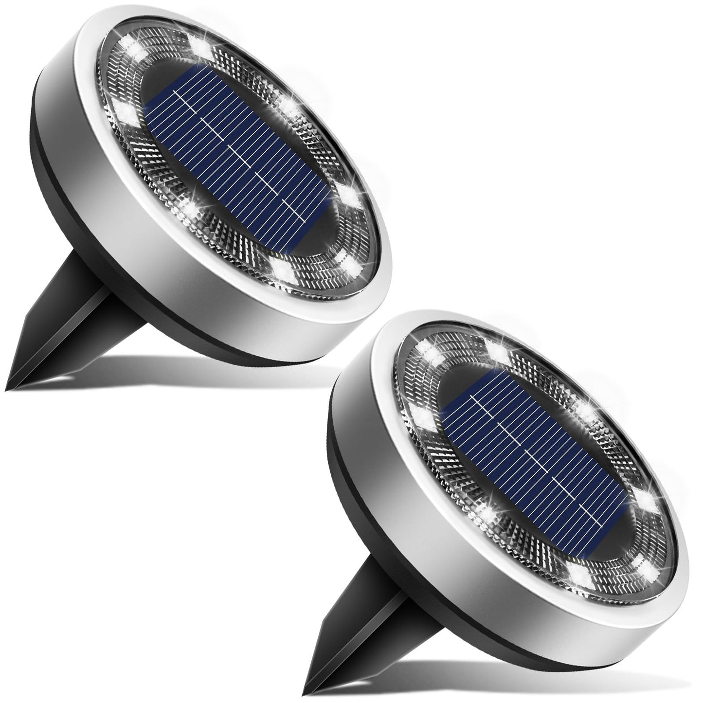 btfarm Solar Ground Lights, 8 LED IP65 Waterproof Disc Lights, 2 Pack, Cool White, Model DC-CD915