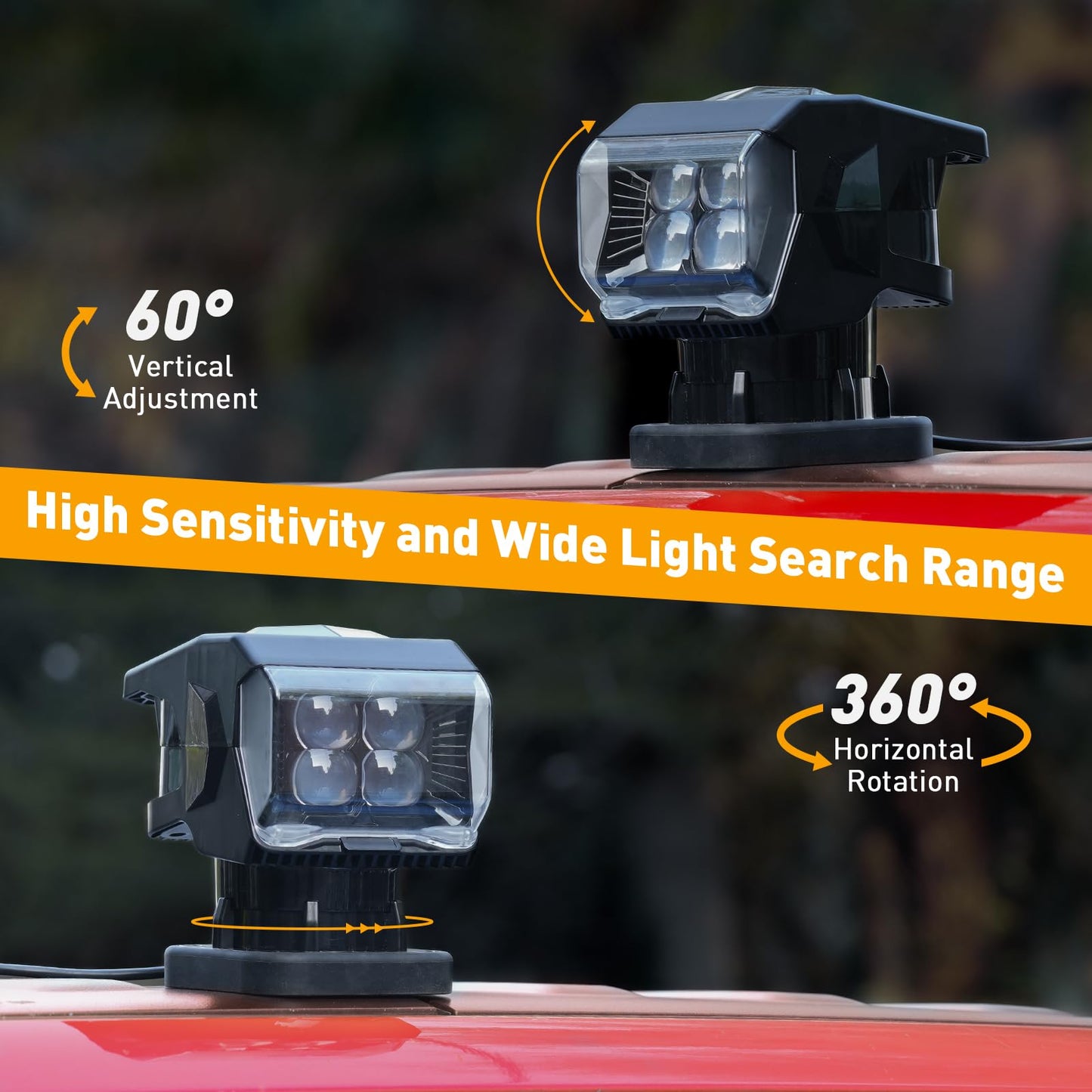 BORDAN 50W Remote Control LED Spotlight, 360° Rotating Searchlight, Black, ABS, Model CR069 for Trucks, Boats, Camping, Offroad