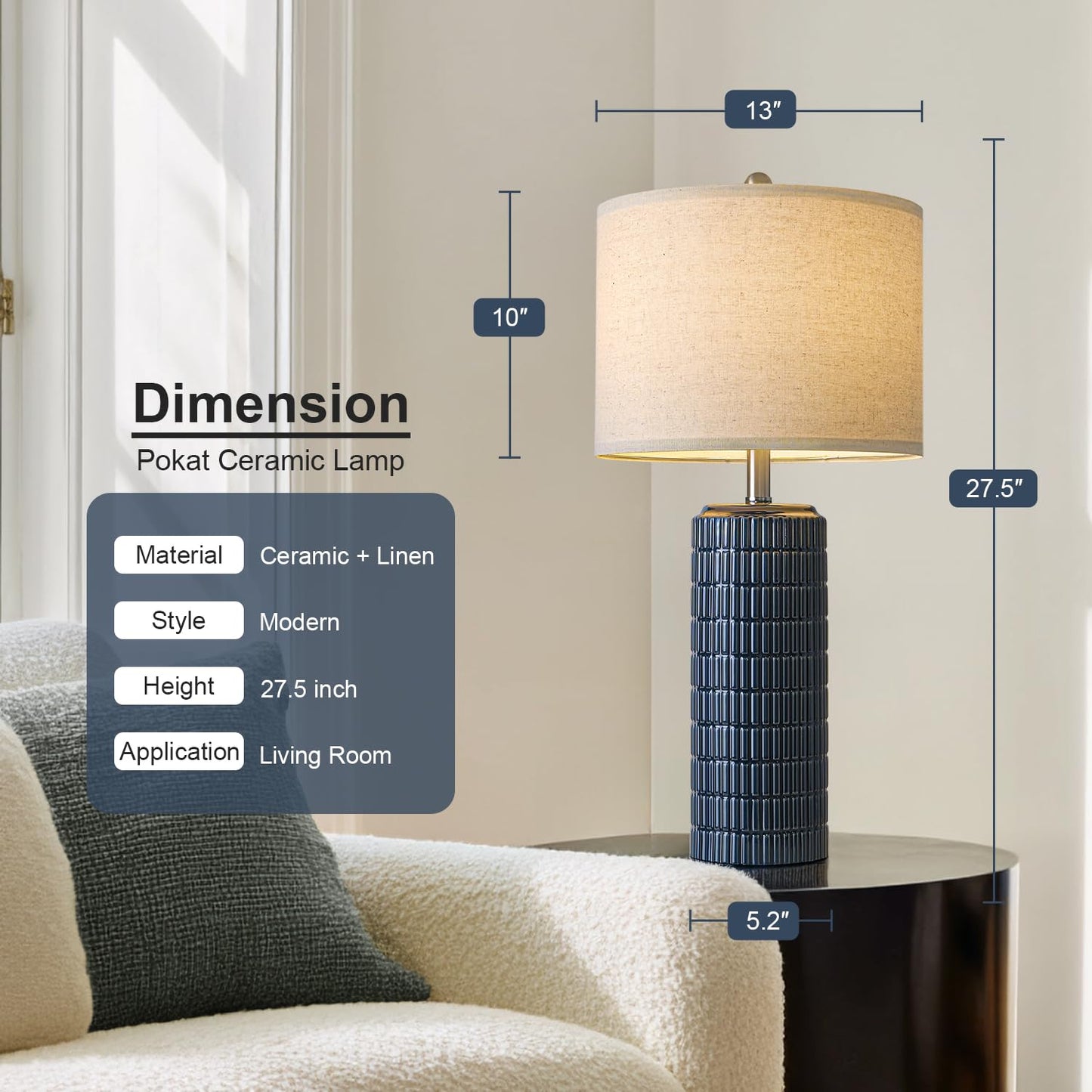 PoKat Table Lamps Set of 2, 27.5in  Tall Ceramic, Dark Blue, Modern Design for Living Room and Bedroom, Model AMZ-T1102L-BL