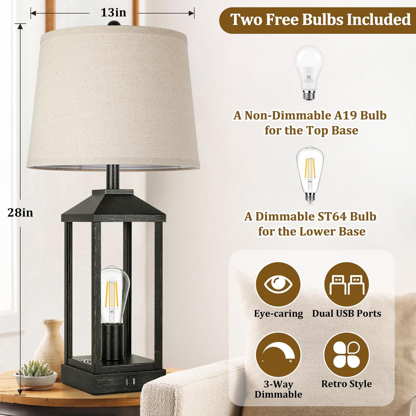 Brightever 28 Table Lamps Set Of 2, Black Metal Farmhouse Nightstand Lamps With Usb Ports, 3-Way Dimmable Touch Control, 4 Bulbs Included